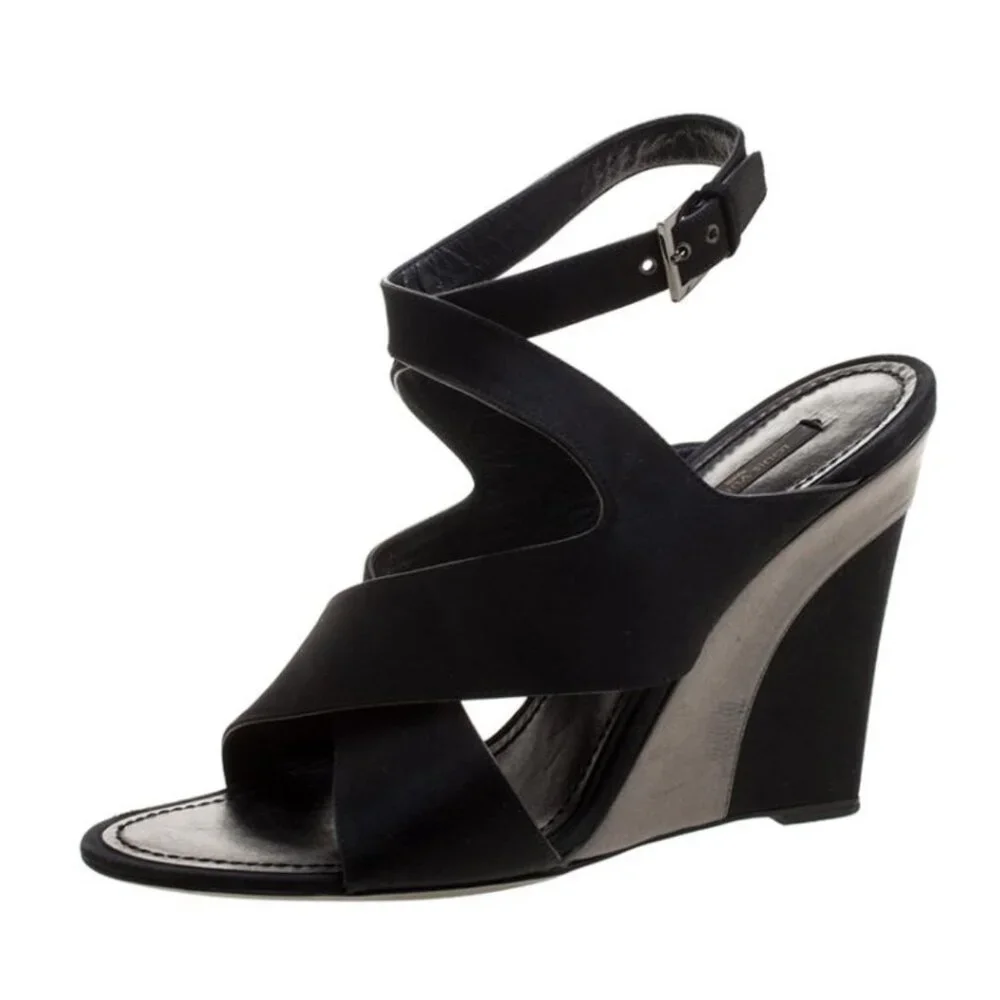 Louis Vuitton Black Satin Cross Strap Open Toe Wedges Minimalist Quiet Luxury